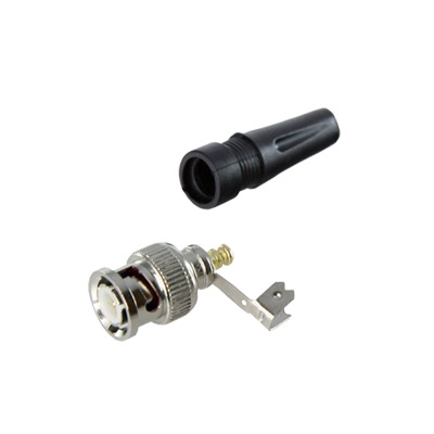 Conector BNC macho en 75 Ohm, para cable coaxial RG-59 / Con base de alivio negra de PVC, Níquel/ Oro/ PTFE. | TT-RG-93
