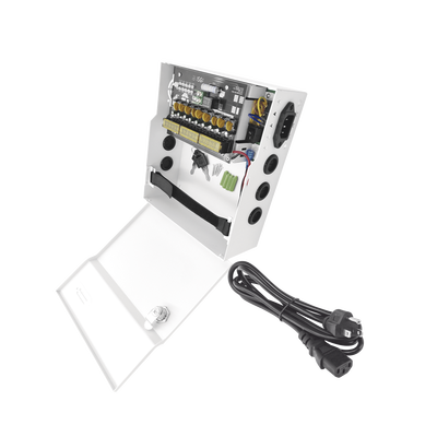 Fuente de Poder con ajuste de voltaje de 11- 15 Vcc / 10 A / 9 Salidas / Capacidad de Batería de Respaldo / Requiere Batería / Voltaje de Entrada 96-264 Vca | PLK12DC8ABK