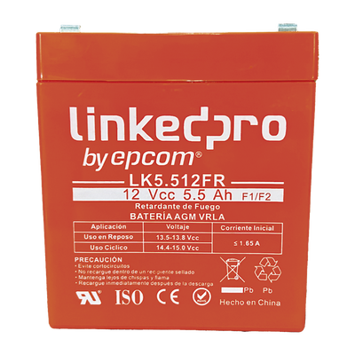 Batería 12 V / 5.5 Ah / UL / Tecnología AGM / Vida útil promedio de 5 años / Retardante a la Flama / Para uso en equipo electrónico, Alarmas de Intrusión / Incendio/ Control de acceso / Video Vigilancia / Incluye | LK5.512FR
