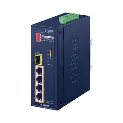 Switch industrial, Temperatura de Operación: -40 a 75ºC, 4 puertos PoE 10/100 + 1 Puerto 100Base-FX | ISW-514PTF