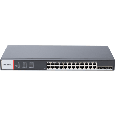 Switch Gigabit PoE+ / Administrable / 24 Puertos 1000 Mbps PoE+ / 4 Puertos SFP / Configuración Nube Hik-PartnerPro / Modo Extendido hasta 300 Metros / 370 W | DS-3T1528HP-SI-24P4F