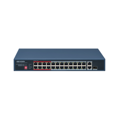 Switch PoE+ / No Administrable / 24 Puertos 10/100 Mbps PoE+ / 2 Puertos 1000 Mbps Uplink / 1 Puerto SFP Uplink / Modo Extendido hasta 300 Metros / 230 W | DS-3E0326P-E/M(C)