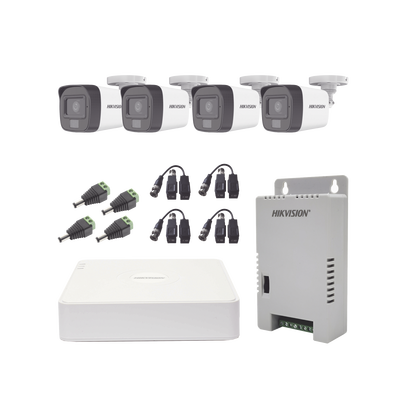 Kit TURBOHD 1080p / DVR 4 Canales / 4 Cámaras con Micrófono Integrado y 101° Visión / Luz Blanca + IR Visión Nocturna / Transceptores / Conectores / Fuente de Poder Profesional Compacta | KH1080P4BSFH