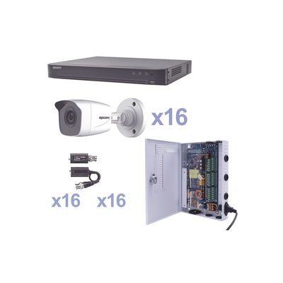 KIT TurboHD 1080p / DVR 16 Canales / 16 Cámaras Bala (exterior 2.8 mm) / Transceptores / Conectores / Fuente de Poder Profesional | KEVTX8T16BW