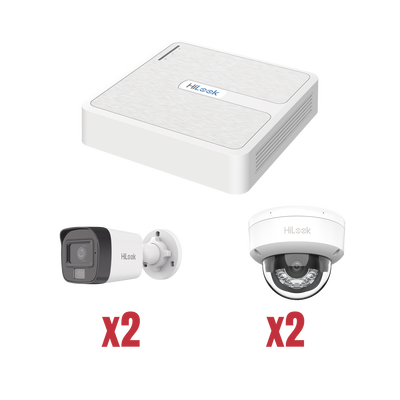Kit IP 1080p (2 Megapixel) / NVR de 4 Canales con 4 Puertos PoE / 2 Cámaras IP Bala para Exterior con microfono y Dual light / 2 Cámaras IP Domo para Exterior | KIP2MP/2B2D