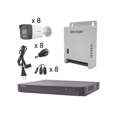 Kit Audio Bidireccional TurboHD 4K-3K / DVR 8 Canales 4K / 8 Cámaras Bala (Exterior) con Bocina y Microfóno Integrado 3K / 1 Fuentes de Poder / Accesorios | KH4K8BTWA