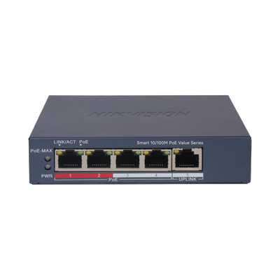 Switch PoE+ / Monitoreable / 4 Puertos 10/100 Mbps PoE+ / 1 Puerto 10/100 Mbps Uplink / Configuración Nube Hik-PartnerPro / Modo Extendido hasta 300 Metros /  45 W | DS-3E1105P-EI/M