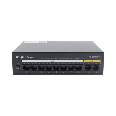 Switch PoE+ no Administrable, Hasta 110 Watts, 8 puertos PoE+ y 2 Uplinks 10/100 | RG-ES110F-P