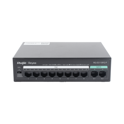 Switch PoE+ no Administrable, hasta 110 Watts, 8 puertos PoE+ 10/100 y 2 Uplinks Gigabit 1G | RG-ES110FG-P