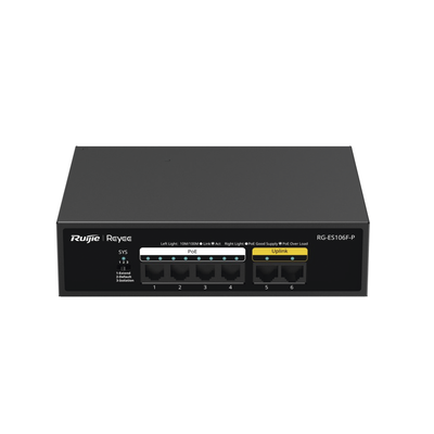 Switch PoE+ no Administrable, 6 Puertos 10/100 Mbps, hasta 54 Watts | RG-ES106F-P