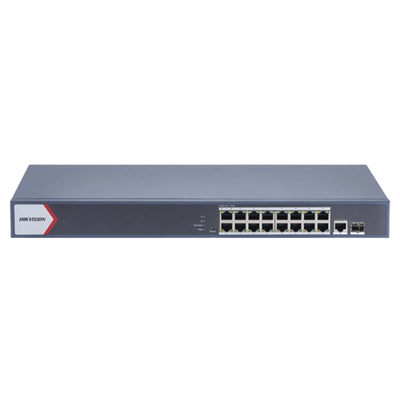 Switch Gigabit PoE+ / Monitoreable / 16 Puertos 1000 Mbps PoE+ / 1 Puerto 1000 Mbps de Uplink / 1 Puerto SFP /  Configuración Nube desde Hik-PartnerPro / Modo Extendido hasta 300 Metros / 130 Watts | DS-3E1518P-EI/M
