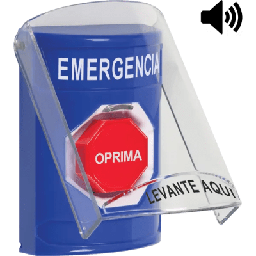 [SS24A2EM-ES] ​Botón Multipropósito, Color Azul, De Superficie, Con Tapa De Policarbonato, Con Bocina Pre Alarma, Solo Interior, Llave Para Restablecer, Texto De Emergencia, Español | SS24A2EM-ES