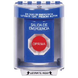 [SS2471EX-ES] Botón Multipropósito, Color Azul, De Superficie, Con Tapa De Policarbonato, Sin Bocina, Para Interior/Exterior, Llave Para Restablecer, Texto Salida De Emergencia, Español | SS2471EX-ES